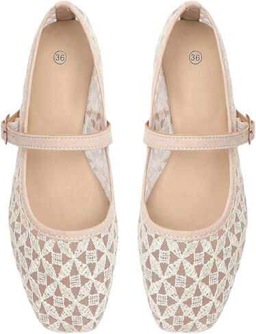 GORGLITTER Women's Lace Embroidery Ballet Flats Mary Jane Shoes Crochet Mesh Elegant Square Toe Ballerina Flat Shoes in Saudi Arabia