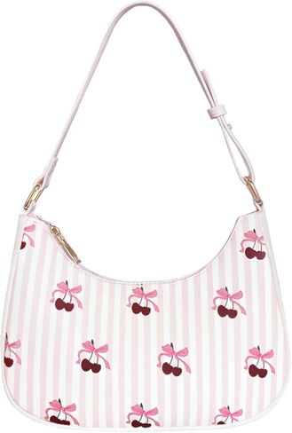 حقيبة كتف Sunwel Fashion صغيرة على شكل هلال وردي اللون تحت الإبط مع طبعات باليه على شكل نمر فراولة وكرز | لون القرنفل in Kuwait