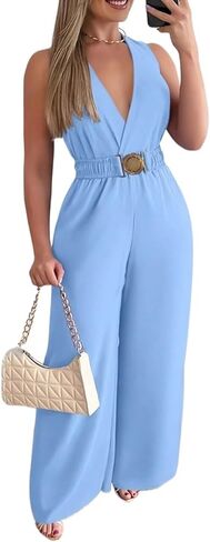 Sleeveless Jumpsuit Pants Romper For Women, Elegant V-Neck Metal Buckle Waist Belt Overalls in Saudi Arabia