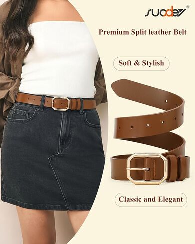 SUOSDEY Women Split Leather Belt for Jeans Pants with Stylish Solid Buckle, Waist Belt for Ladies, Width 1.3" in Saudi Arabia