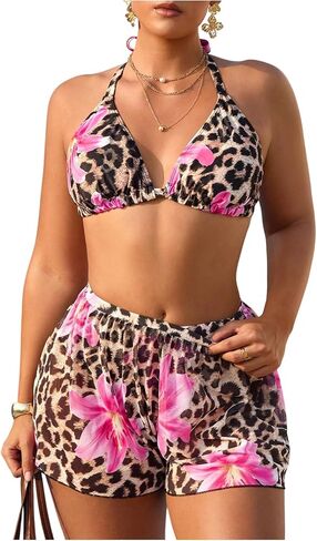 OYOANGLE Women's Plus Size 3 Piece Bikini Set Floral Leopard Print Halter Swimsuit with Cover Up Beach Shorts in Saudi Arabia