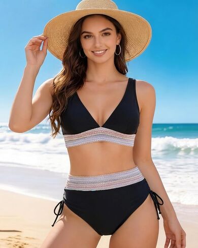 Color Block Women's Tummy Control Bikini, High Waisted Cheeky Two Piece Swimsuit in Saudi Arabia