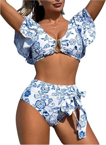 Floerns Women's 2 Piece Beach Vacation Floral Bikini Sets V Neck Ruffle Sleeve Metal Swimsuit High Waisted Bathing Suit in Saudi Arabia
