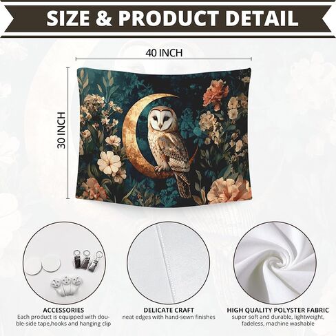 WAITPI Vintage Owl Moon Floral Tapestry Wall Hanging for Bedroom, Moody Dark Academia Cottagecore Botanical Flower Owl Wall Hanging Decor Tapestry for Home Living Room Office, 40x30in in Kuwait