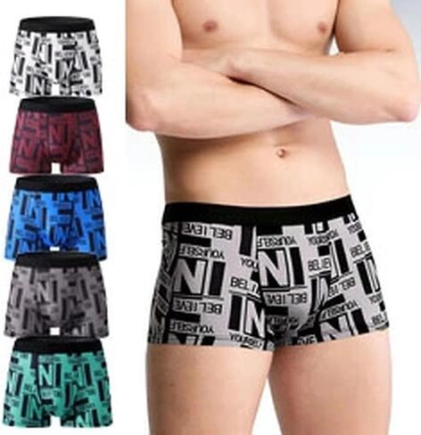 Men Letter Boxer Briefs 5 Pcs Printed Stretch Boxer Shorts with Functional Casual Underwear Set for Lounge Home in Saudi Arabia
