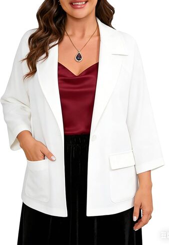 Plus Size Women's Open Front Blazer - Peaked Lapel 3/4 Sleeve Side Pockets Jacket for Work and Casual in Saudi Arabia