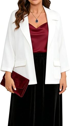 Plus Size Women's Open Front Blazer - Peaked Lapel 3/4 Sleeve Side Pockets Jacket for Work and Casual in Saudi Arabia