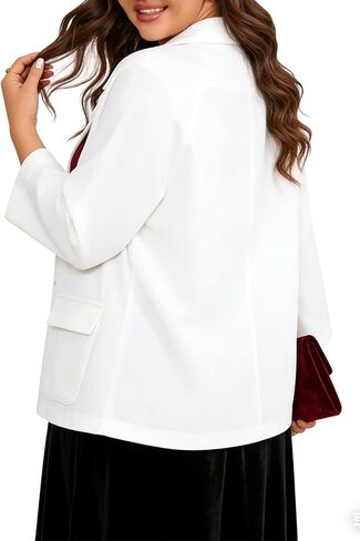 Plus Size Women's Open Front Blazer - Peaked Lapel 3/4 Sleeve Side Pockets Jacket for Work and Casual in Saudi Arabia