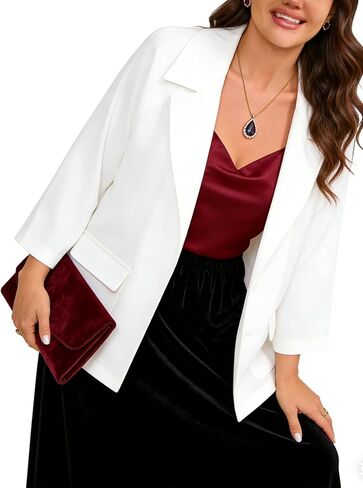 Plus Size Women's Open Front Blazer - Peaked Lapel 3/4 Sleeve Side Pockets Jacket for Work and Casual in Saudi Arabia