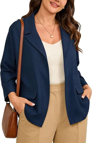Plus Size Women's Open Front Blazer - Peaked Lapel 3/4 Sleeve Side Pockets Jacket for Work and Casual in Saudi Arabia
