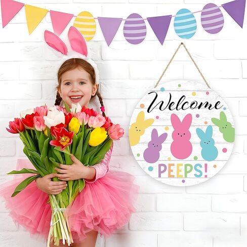 Easter Wooden Door Sign Welcome Peeps Door Wreath for Front Doors Hanger Cute Bunny Rabbit Wood Welcome Hanging Signs for Spring Easter Party Home Farmhouse Indoor Outdoor Porch Wall Decorations in Saudi Arabia