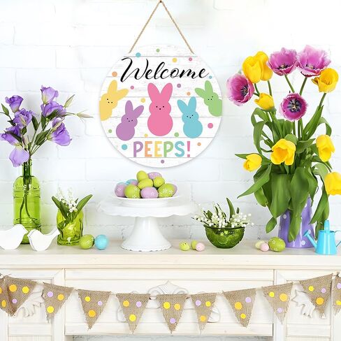 Easter Wooden Door Sign Welcome Peeps Door Wreath for Front Doors Hanger Cute Bunny Rabbit Wood Welcome Hanging Signs for Spring Easter Party Home Farmhouse Indoor Outdoor Porch Wall Decorations in Saudi Arabia