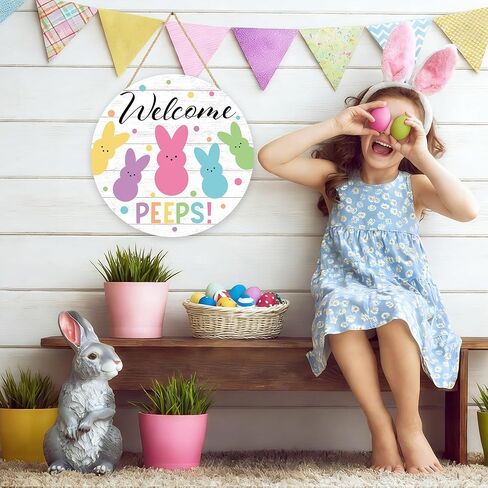 Easter Wooden Door Sign Welcome Peeps Door Wreath for Front Doors Hanger Cute Bunny Rabbit Wood Welcome Hanging Signs for Spring Easter Party Home Farmhouse Indoor Outdoor Porch Wall Decorations in Saudi Arabia