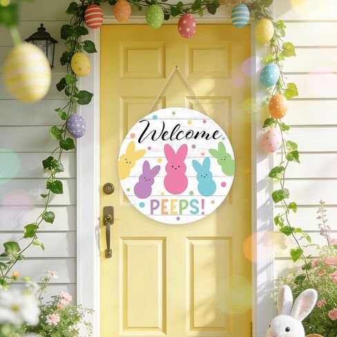 Easter Wooden Door Sign Welcome Peeps Door Wreath for Front Doors Hanger Cute Bunny Rabbit Wood Welcome Hanging Signs for Spring Easter Party Home Farmhouse Indoor Outdoor Porch Wall Decorations in Saudi Arabia