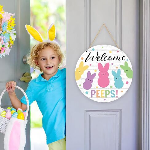 Easter Wooden Door Sign Welcome Peeps Door Wreath for Front Doors Hanger Cute Bunny Rabbit Wood Welcome Hanging Signs for Spring Easter Party Home Farmhouse Indoor Outdoor Porch Wall Decorations in Saudi Arabia