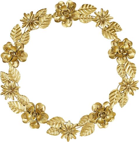 ديكور حائط إكليل معدني ذهبي، 16.5 بوصة أكاليل صناعية للباب الأمامي، إكليل باب دائري كبير من رقائق الذهب مع زهرة وأوراق الشجر لعيد الميلاد والنافذة والزفاف وتزيين الحفلات in Kuwait