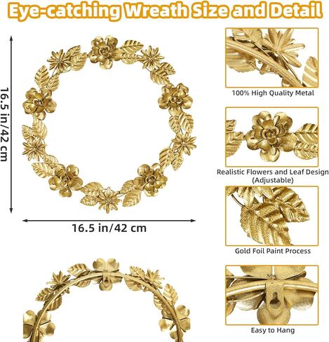 ديكور حائط إكليل معدني ذهبي، 16.5 بوصة أكاليل صناعية للباب الأمامي، إكليل باب دائري كبير من رقائق الذهب مع زهرة وأوراق الشجر لعيد الميلاد والنافذة والزفاف وتزيين الحفلات in Kuwait