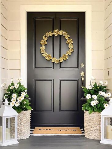ديكور حائط إكليل معدني ذهبي، 16.5 بوصة أكاليل صناعية للباب الأمامي، إكليل باب دائري كبير من رقائق الذهب مع زهرة وأوراق الشجر لعيد الميلاد والنافذة والزفاف وتزيين الحفلات in Kuwait