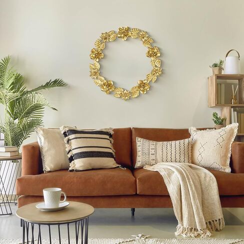 ديكور حائط إكليل معدني ذهبي، 16.5 بوصة أكاليل صناعية للباب الأمامي، إكليل باب دائري كبير من رقائق الذهب مع زهرة وأوراق الشجر لعيد الميلاد والنافذة والزفاف وتزيين الحفلات in Kuwait
