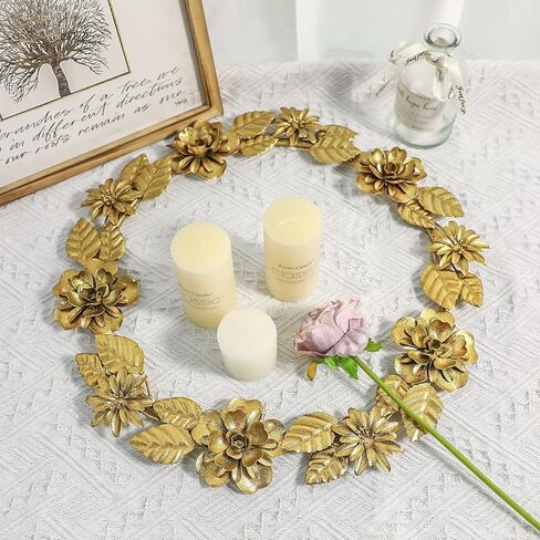 ديكور حائط إكليل معدني ذهبي، 16.5 بوصة أكاليل صناعية للباب الأمامي، إكليل باب دائري كبير من رقائق الذهب مع زهرة وأوراق الشجر لعيد الميلاد والنافذة والزفاف وتزيين الحفلات in Kuwait