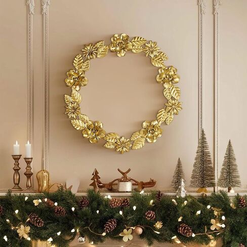 ديكور حائط إكليل معدني ذهبي، 16.5 بوصة أكاليل صناعية للباب الأمامي، إكليل باب دائري كبير من رقائق الذهب مع زهرة وأوراق الشجر لعيد الميلاد والنافذة والزفاف وتزيين الحفلات in Kuwait