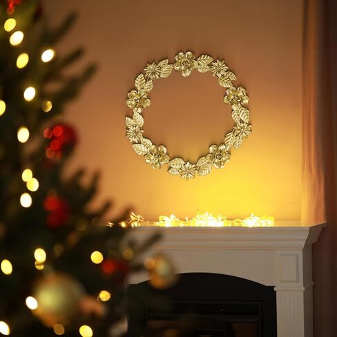 ديكور حائط إكليل معدني ذهبي، 16.5 بوصة أكاليل صناعية للباب الأمامي، إكليل باب دائري كبير من رقائق الذهب مع زهرة وأوراق الشجر لعيد الميلاد والنافذة والزفاف وتزيين الحفلات in Kuwait