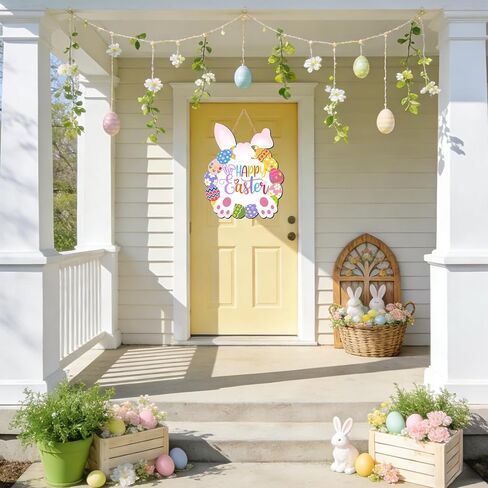 سعيد عيد الفصح باب الديكور إكليل الأرنب الخشبي للباب الأمامي علامة أرنب البيض إكليل شنقا لديكور المنزل جدار عيد الفصح إمدادات داخلي في الهواء الطلق in Kuwait