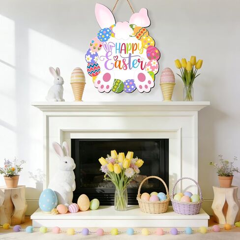 سعيد عيد الفصح باب الديكور إكليل الأرنب الخشبي للباب الأمامي علامة أرنب البيض إكليل شنقا لديكور المنزل جدار عيد الفصح إمدادات داخلي في الهواء الطلق in Kuwait