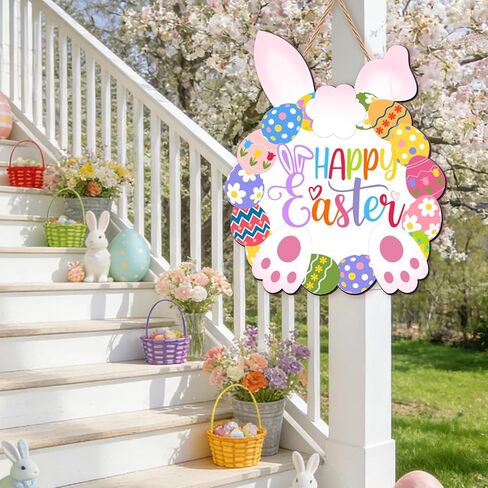 سعيد عيد الفصح باب الديكور إكليل الأرنب الخشبي للباب الأمامي علامة أرنب البيض إكليل شنقا لديكور المنزل جدار عيد الفصح إمدادات داخلي في الهواء الطلق in Kuwait