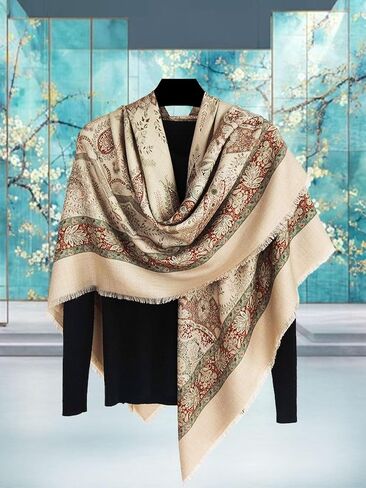 HangErFeng Women Wool Silk Blend Scarf Large Square Shawl Paisley Floral Print Soft Wrap Beige 53 In 1296 in Kuwait