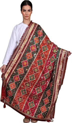 وشاح Phulkari Dupatta/Chunni من Exotic India من البنجاب مع تطريز بخيط متعدد الألوان وعمل مرآة بالخرز in Kuwait