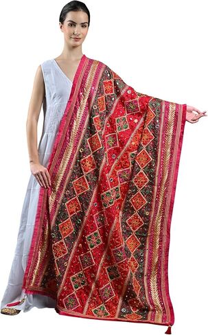 Exotic India Phulkari Dupatta/Chunni For Women's from Punjab with Multicolor Thread Embroidery and Bead-Mirror Work in Kuwait