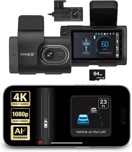 Type S T400 AI-Powered Driver Assistance 4K Dash Cam with ADAS, Collision Warnings, Lane and Pedestrian Detection, Vehicle Departure Reminders, Front Rear Smart Incident Video Surveillance, SD Card in Kuwait