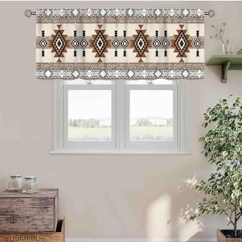 Western Aztec Valance Curtains, Boho Southwestern Natvie Tribal American Ethnic Abstract Geometric Vintage Retro Beige Small Window Valance for Cafe Living Room Bedroom Cabinet Bathroom, 54"x18" Inch in Saudi Arabia