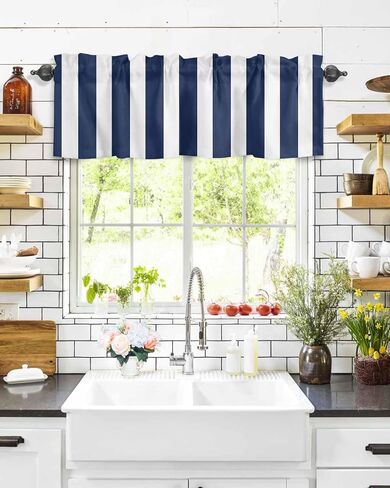 ستارة مخططة الصيف الستارة للنوافذ قضيب جيب نافذة العلاجات المشارب الأزرق الداكن الأبيض ستائر قصيرة للمطبخ نوافذ الحمام غرفة نوم 54 × 18 بوصة، Geometricsoa41887 in Kuwait