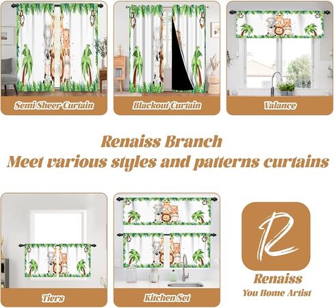 renaiss 52 × 18 بوصة الطفل سفاري الحيوانات الستارة الستارة لحضانة الغابة الفيل الأسد النبات قصير مقهى المطبخ ستارة قصيرة قضيب جيب شجرة النخيل ديكور الستار غرفة نوم الأطفال غرفة اللعب ديكور المنزل in Saudi Arabia