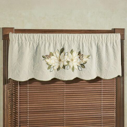 Sweetbay Garden Luxury Matelasse Valance Window Treatment | Embroidered Magnolia Flower, Butterfly, & Leaf Velvet Appliques | Ivory Scrollwork Textured Drapery with Green Stitched Scalloped Edges in Saudi Arabia