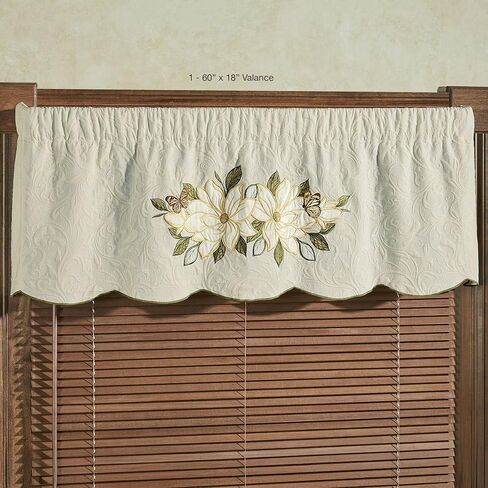 Sweetbay Garden Luxury Matelasse Valance Window Treatment | Embroidered Magnolia Flower, Butterfly, & Leaf Velvet Appliques | Ivory Scrollwork Textured Drapery with Green Stitched Scalloped Edges in Saudi Arabia
