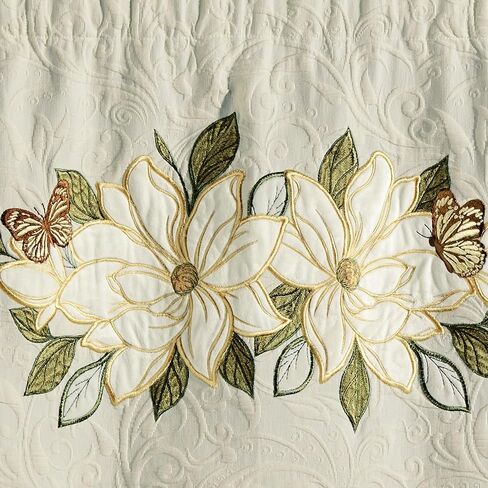 Sweetbay Garden Luxury Matelasse Valance Window Treatment | Embroidered Magnolia Flower, Butterfly, & Leaf Velvet Appliques | Ivory Scrollwork Textured Drapery with Green Stitched Scalloped Edges in Saudi Arabia