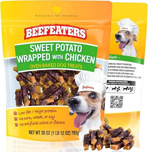 مكافآت الكلاب من Beefeaters - بطاطا حلوة ملفوفة بالدجاج، 4.25 أونصة، علبة 6 | طعام للكلاب بدون ذرة/قمح/صويا/غلوتين | قليل الدسم، خالي من الحبوب، تدريب ومكافآت | علاجات تدريب الكلاب لجميع أحجام الكلاب in Kuwait