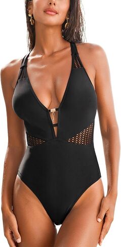 CUPSHE Women's One Piece Swimsuit Plunging Neck Bathing Suit Cutout Adjustable Crisscross Strappy Slimming Swimwear in Saudi Arabia