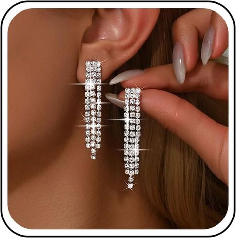 Vintage Crystal Chandeliers Drop Earrings Silver Rhinestone Dangle Earrings Silver Cz Paved Tassel Chain Earrings Wedding Chandelier Earrings Jewelry for Women in Saudi Arabia