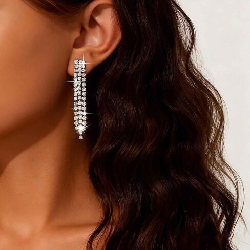 Vintage Crystal Chandeliers Drop Earrings Silver Rhinestone Dangle Earrings Silver Cz Paved Tassel Chain Earrings Wedding Chandelier Earrings Jewelry for Women in Saudi Arabia