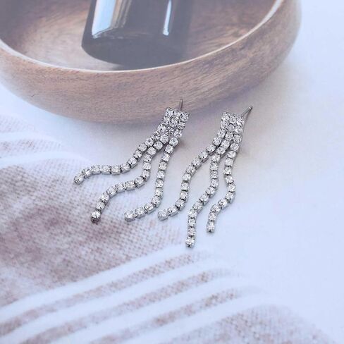 Vintage Crystal Chandeliers Drop Earrings Silver Rhinestone Dangle Earrings Silver Cz Paved Tassel Chain Earrings Wedding Chandelier Earrings Jewelry for Women in Saudi Arabia