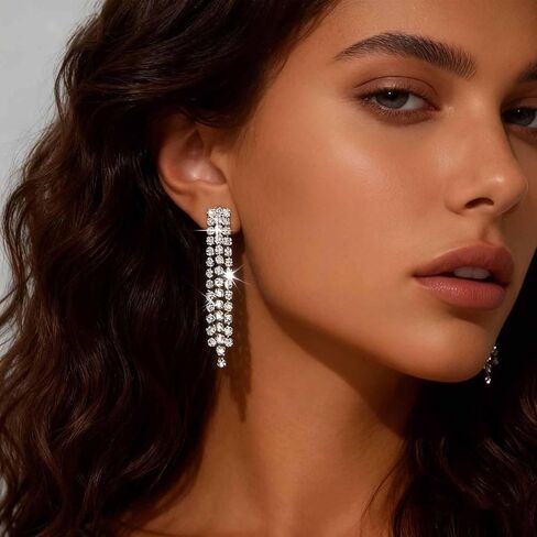 Vintage Crystal Chandeliers Drop Earrings Silver Rhinestone Dangle Earrings Silver Cz Paved Tassel Chain Earrings Wedding Chandelier Earrings Jewelry for Women in Saudi Arabia