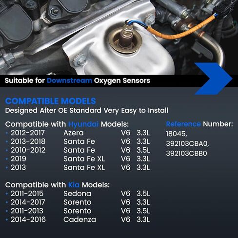 Downstream Oxygen O2 Sensor 18045 Compatible with Kia Sedona, Sorento, Cadenza, Compatible with Hyundai Santa Fe, Azera, Santa Fe XL - V6 3.3L/3.5L - Replaces 392103CBA0, 392103CBB0, 1PCS in Saudi Arabia