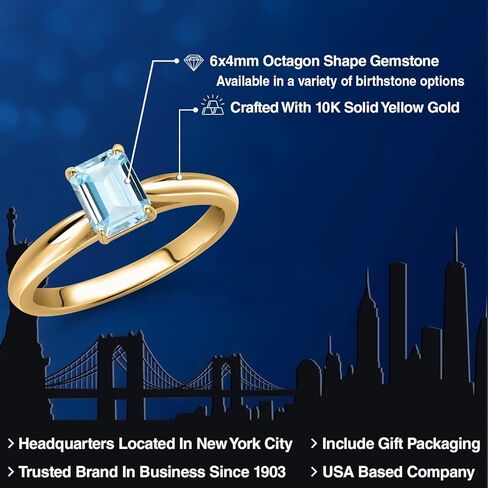 Gem Stone King 10K Yellow Gold Sky Blue Aquamarine Engagement Ring For Women | 0.50 Cttw | Emerald Cut 6X4MM | Gemstone March Birthstone | Wedding Engagement Anniversary Ring For Women in Saudi Arabia