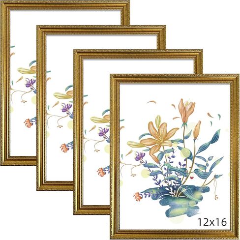 BESCRCL إطار صورة ذهبي مقاس 12x16، إطارات لعرض الحائط، إطار صورة ريفي عتيق مع أكريليك كريستالي مقاوم للكسر، 4 عبوات in Kuwait