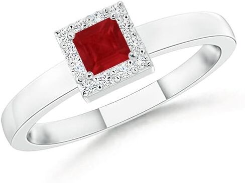 Angara Natural Square Ruby Halo Promise Ring with Diamonds in 14K Solid Gold/Platinum for Women | July Birthstone Jewelry in Saudi Arabia