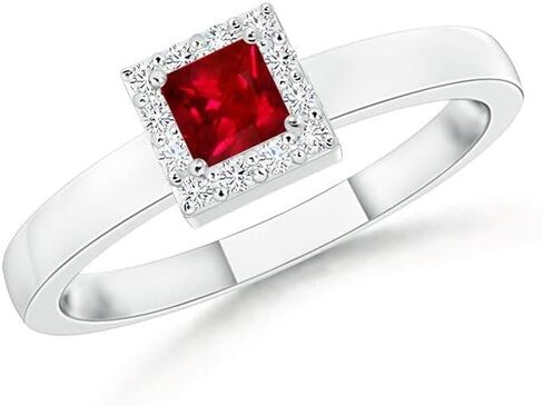 Angara Natural Square Ruby Halo Promise Ring with Diamonds in 14K Solid Gold/Platinum for Women | July Birthstone Jewelry in Saudi Arabia